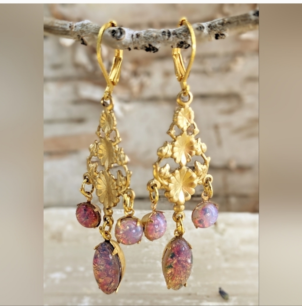 Victorian Pink Fire Opal Chandelier Gold 18K Drop Earrings